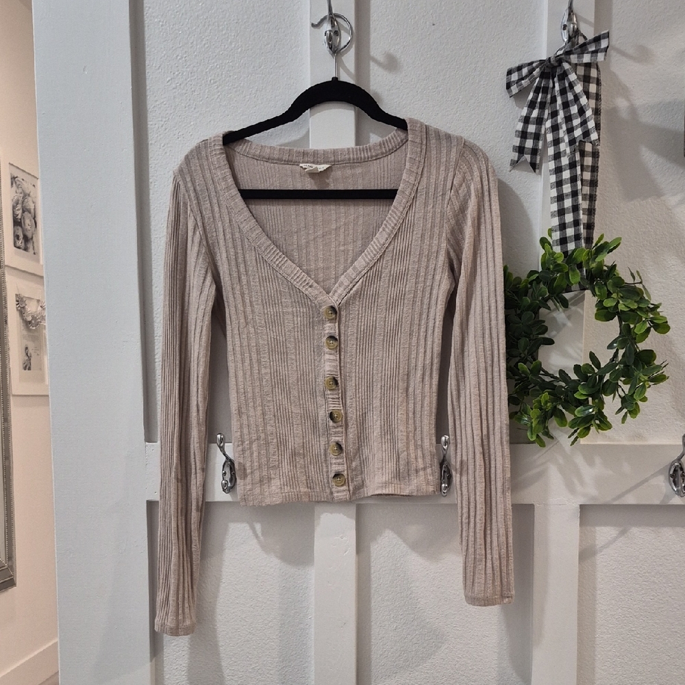 Aeropostale Beige Ribbed Button-Down Top